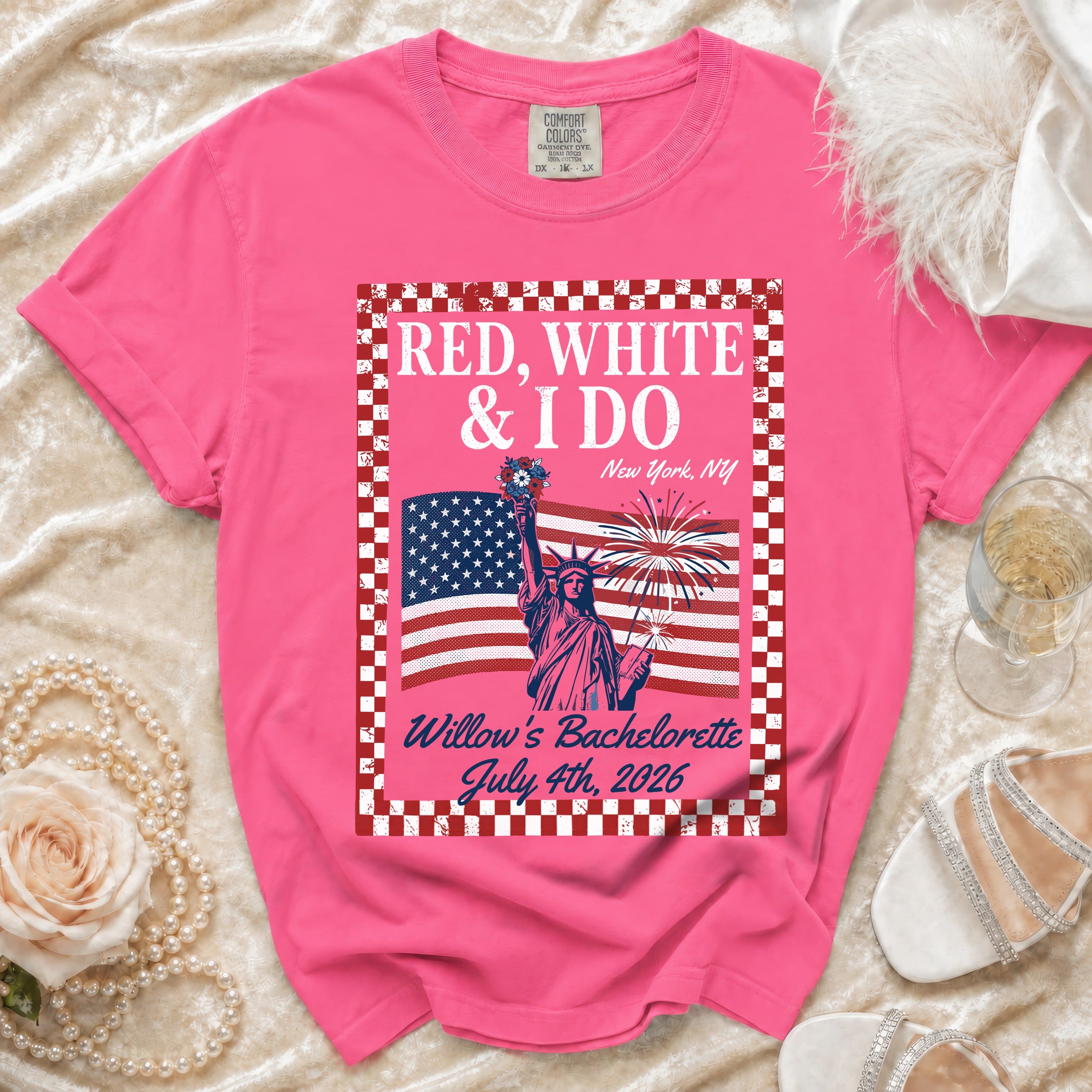 Pink t-shirt with "RED, WHITE & I DO" bachelorette design featuring US flag and fireworks.