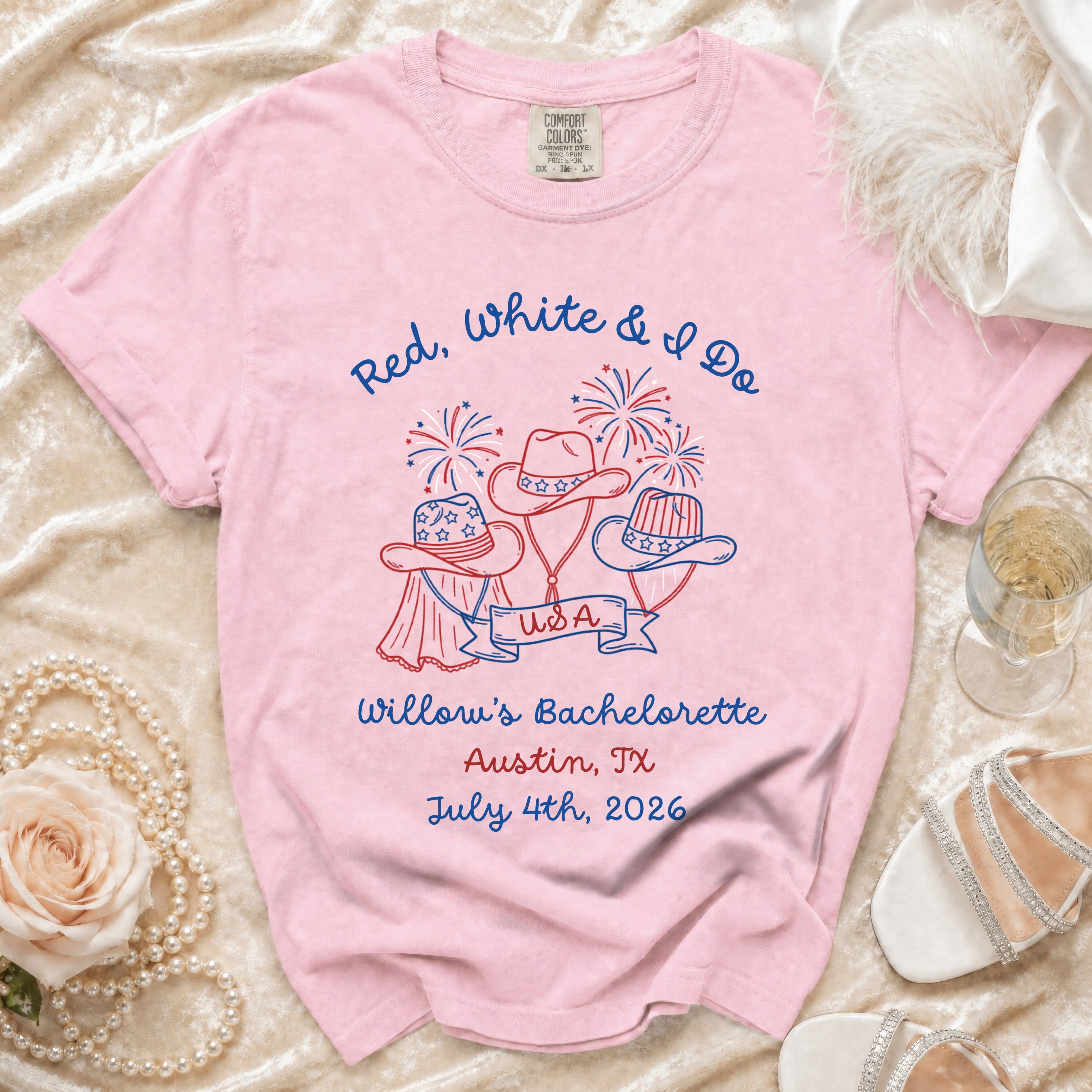 Pink t-shirt with "Red, White & I Do" and bachelorette details.
