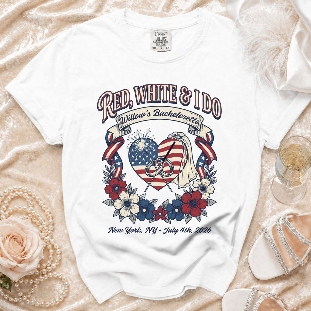 White t-shirt for "Willow's Bachelorette" with patriotic heart design.