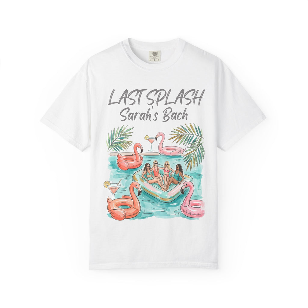 White t-shirt with "Last Splash Sarah's Bach" and illustration of women on flamingo floats.