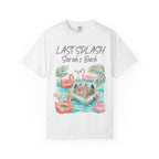 White t-shirt with "Last Splash Sarah's Bach" and illustration of women on flamingo floats.