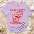 Pink cowgirl hat and bandana with "Her Last Rodeo Jennifer's Bach" text.