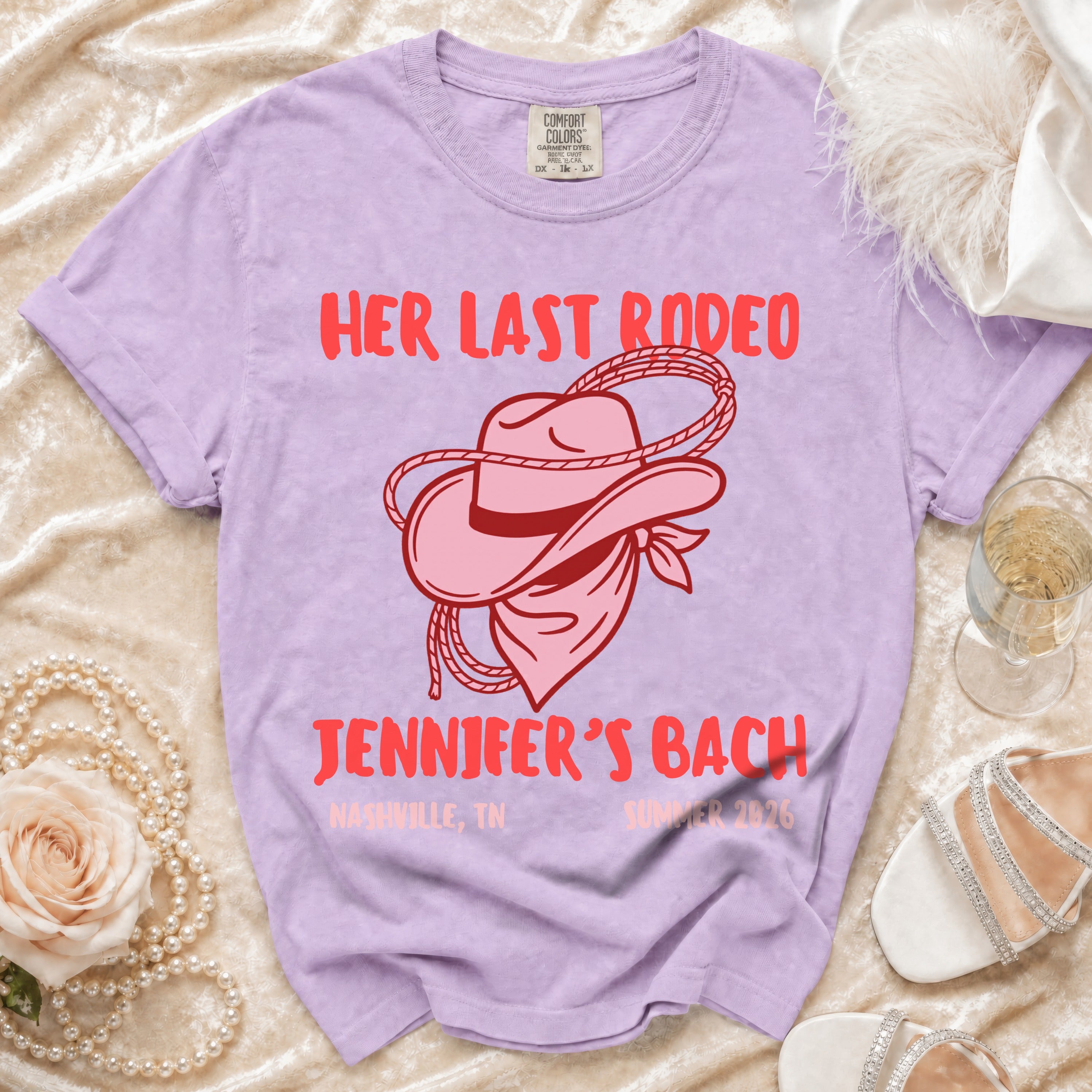 Pink cowgirl hat and bandana with "Her Last Rodeo Jennifer's Bach" text.