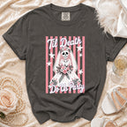 Dark gray t-shirt with skeleton bride graphic saying "Til Death Do Us Party".