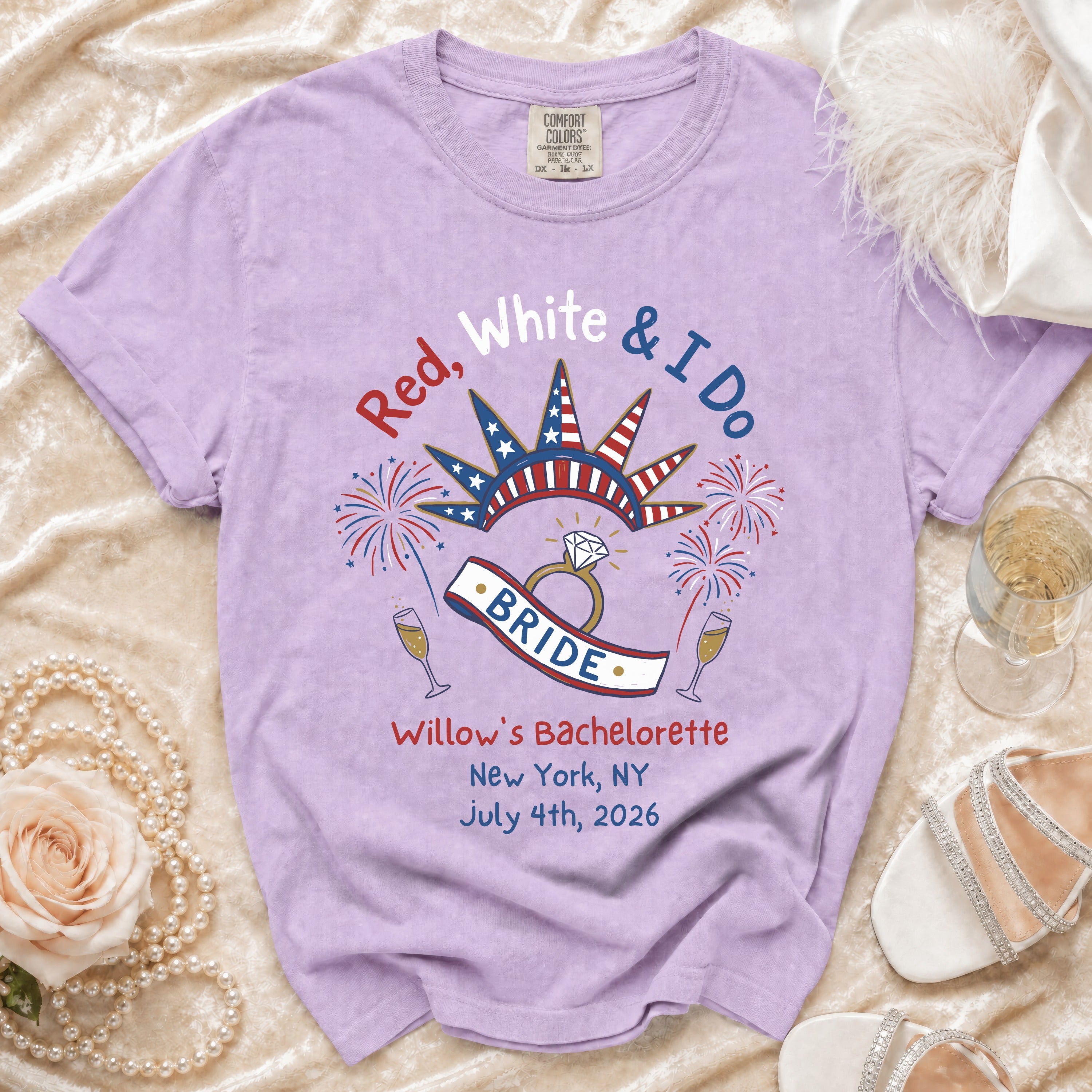 Lavender t-shirt for Willow's Bachelorette, "Red, White & I Do" theme.