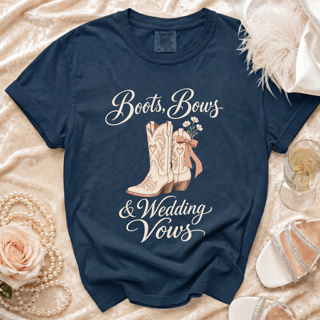 Navy Comfort Colors t-shirt with "Boots, Bows & Wedding Vows" text and cowboy boot graphic.