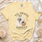Yellow t-shirt with ghost, pumpkin, and text: "Til Death Market Veils Vows Voodoo".
