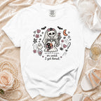 White t-shirt with skeleton bride graphic and text "til death do us part... or until I get bored."