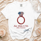White t-shirt with "Red, White & I Do Willow's Bachelorette" design.