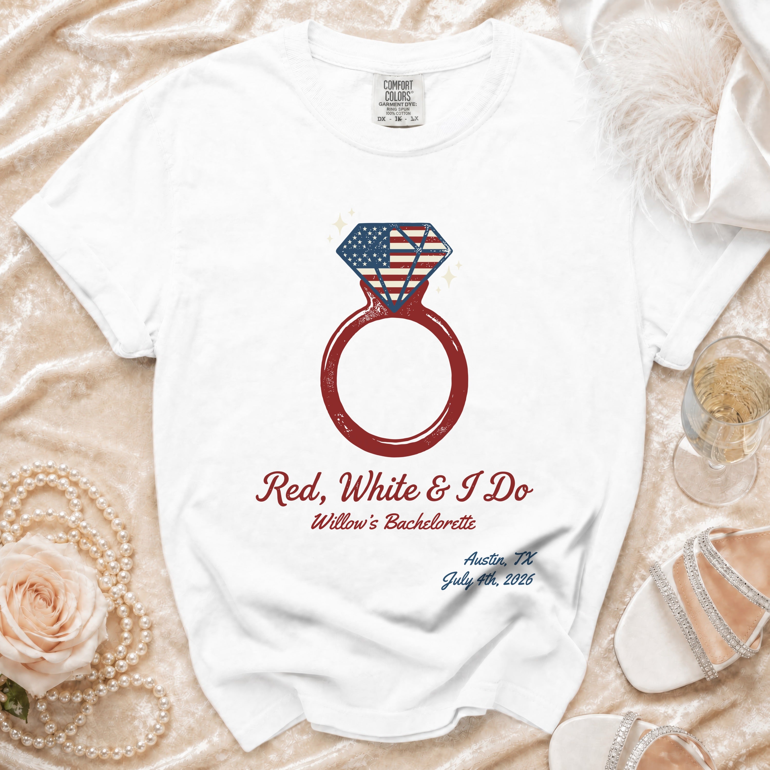 White t-shirt with "Red, White & I Do Willow's Bachelorette" design.