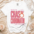 White t-shirt with "Proud Maid of Honor" and "CHAS COORDINATOR" printed in pink and orange.