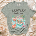 "Last Splash Sarah's Bach" graphic tee with flamingo floaties and palm leaves.