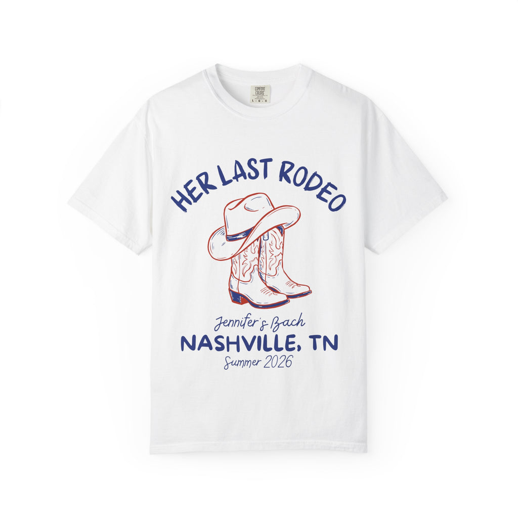 White t-shirt with "Her Last Rodeo" cowboy boots and hat graphic.