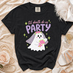Black t-shirt with a ghost bride graphic that says "'til death do us PARTY".