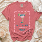 T-shirt with "Last Splash Sarah's Bach Malibu, CA Summer 2026" text and cocktail graphic.