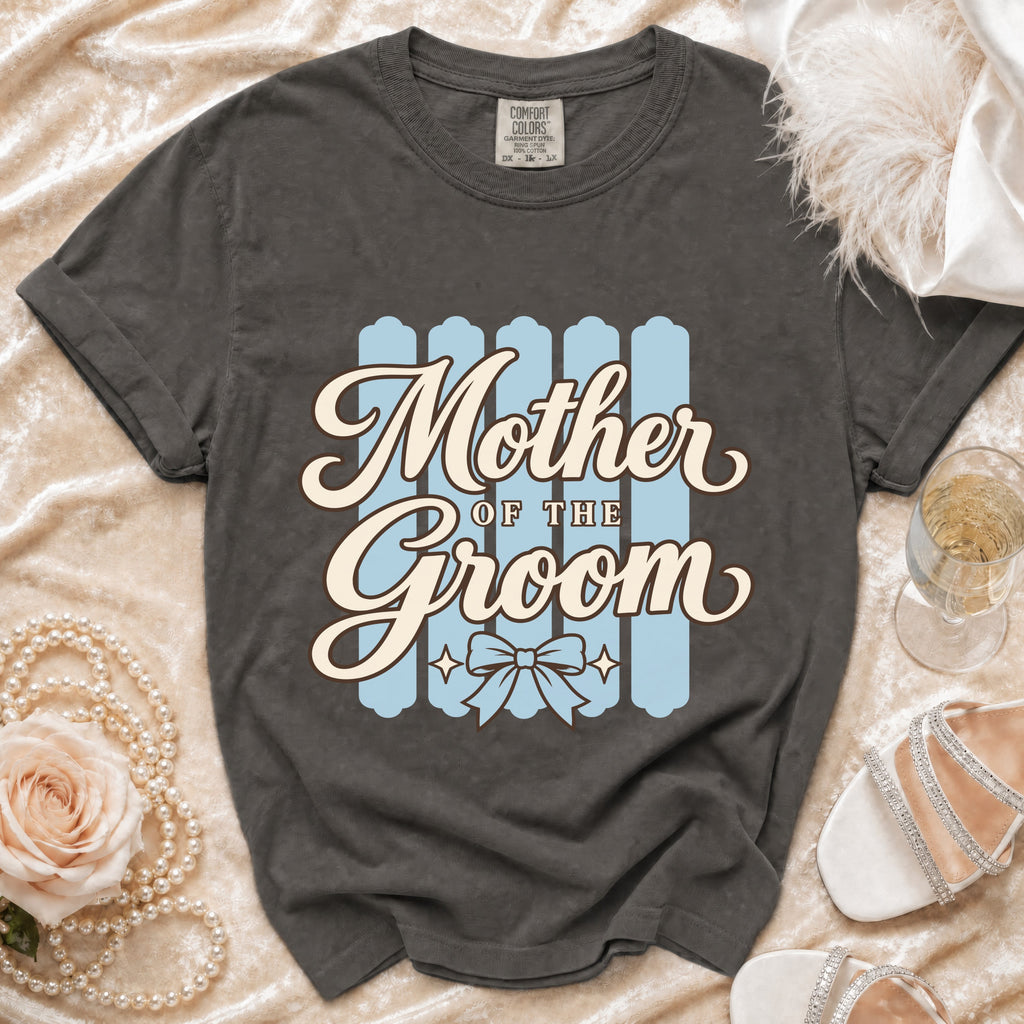 Grey t-shirt with "Mother of the Groom" text and a bow graphic.