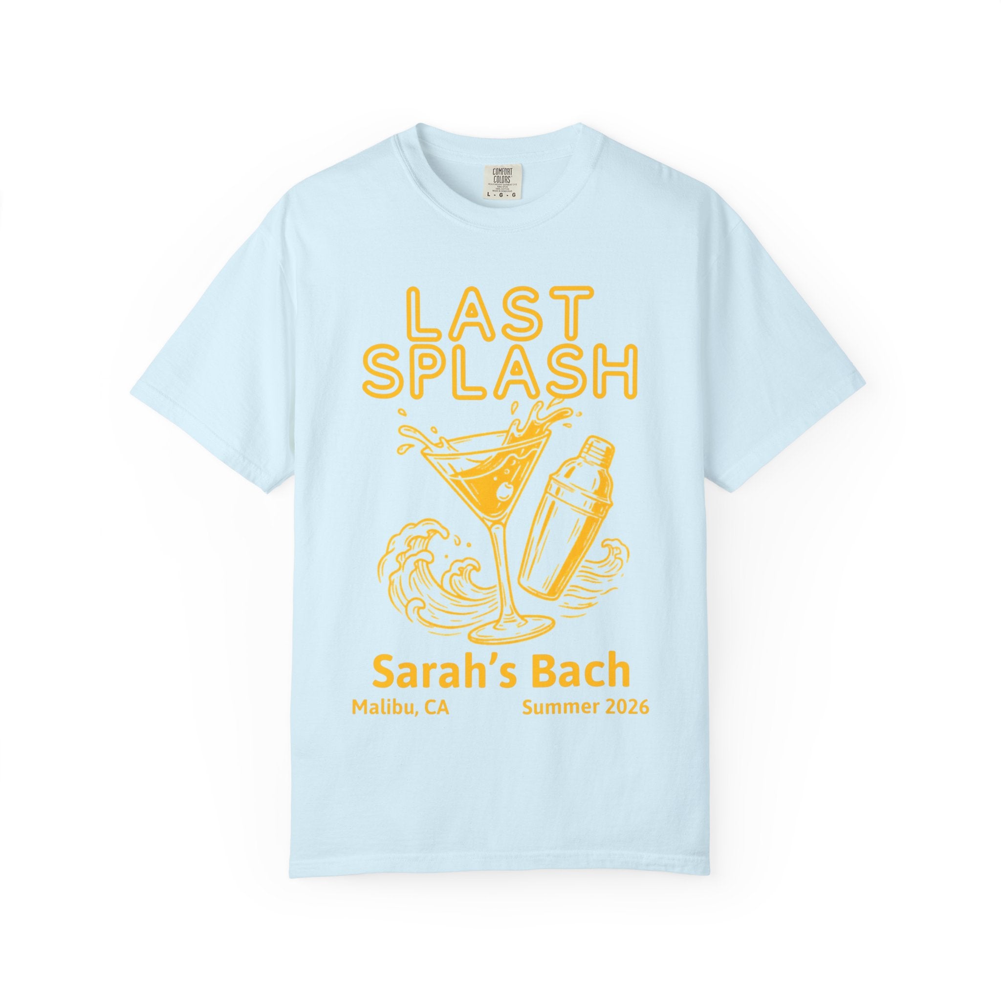 Light blue t-shirt with "Sarah's Bach" and cocktail graphics.