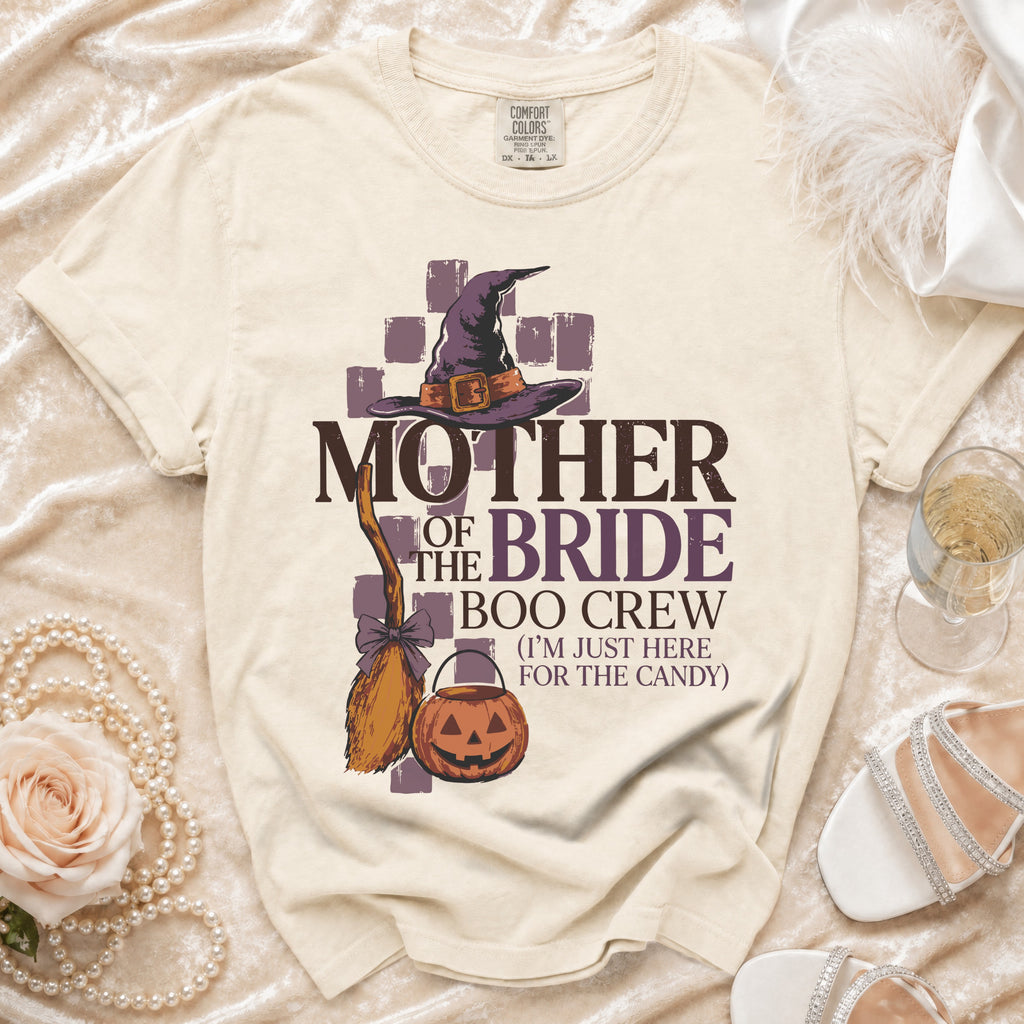 Cream t-shirt with "Mother of the Bride Boo Crew" Halloween graphic.