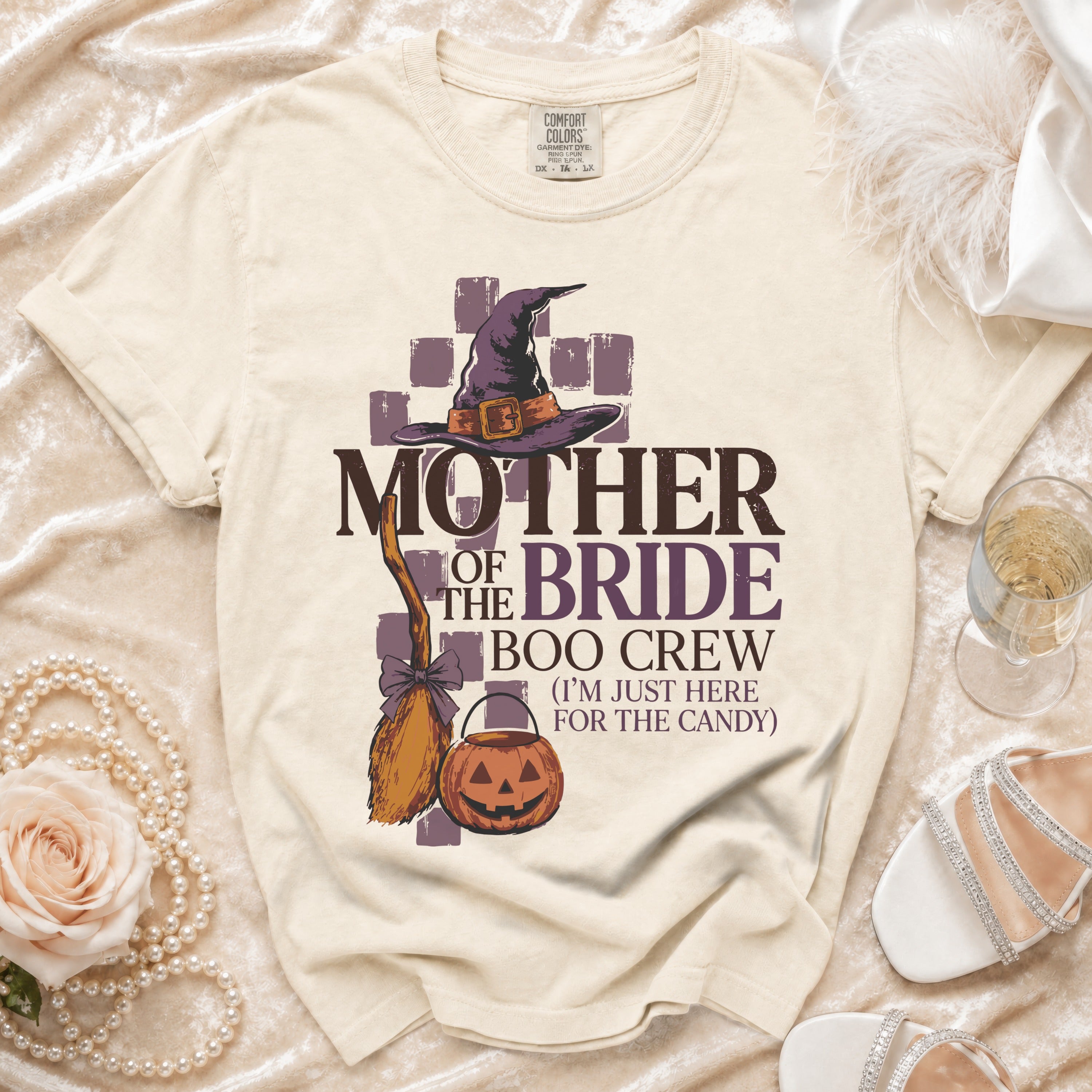 Cream t-shirt with "Mother of the Bride Boo Crew" Halloween graphic.