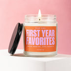 Candle with lid off. Label reads "YEAR ONE: FIRST YEAR FAVORITES TWELVE MONTHS. ZERO REGRETS."