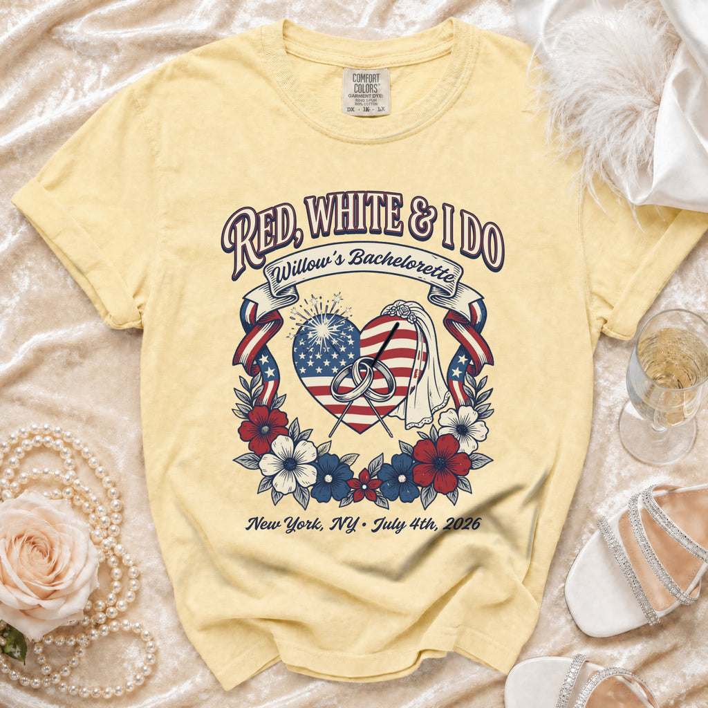 Red, White & I Do Willow's Bachelorette shirt with fireworks and hearts.