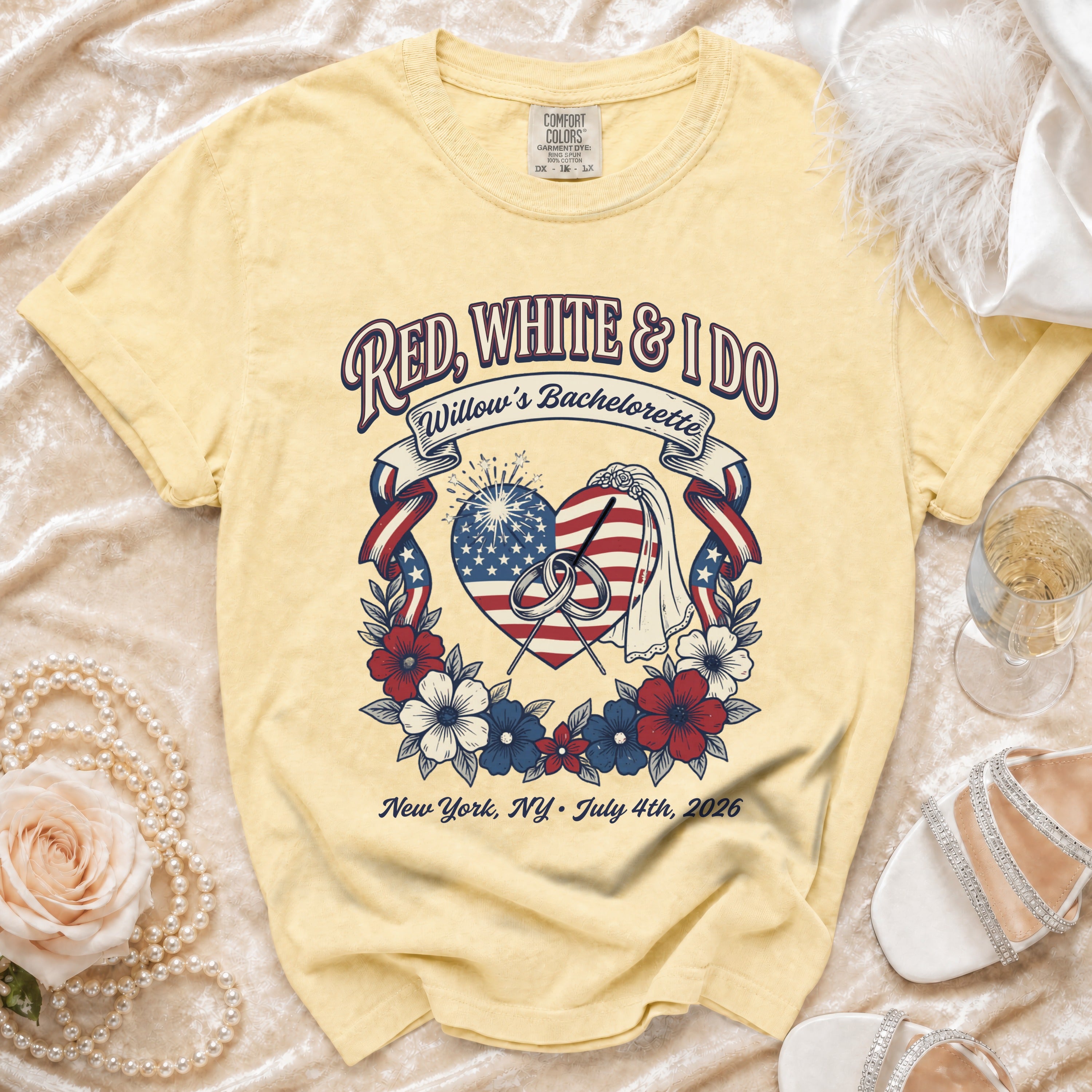 Red, White & I Do Willow's Bachelorette shirt with fireworks and hearts.