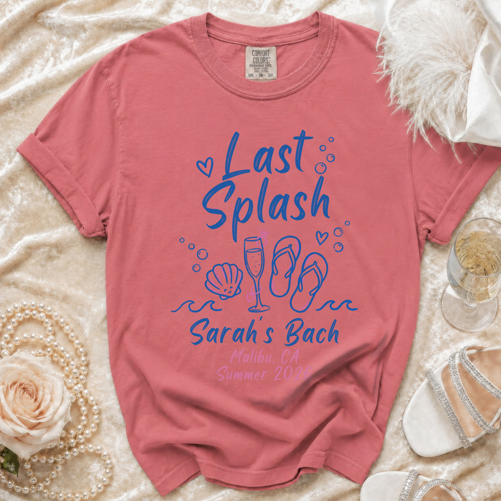 Coral t-shirt with "Last Splash Sarah's Bach Malibu, CA Summer 200" text and beach graphics.