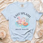 Light blue t-shirt with "Last Splash" text, flamingo, rings, and "Savah's Bach Malibu, CA - Summer 2026".