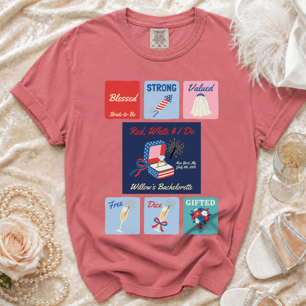 Comfort Colors t-shirt with "Blessed Bride-to-Be" and "Red, White & I Do" bachelorette theme.