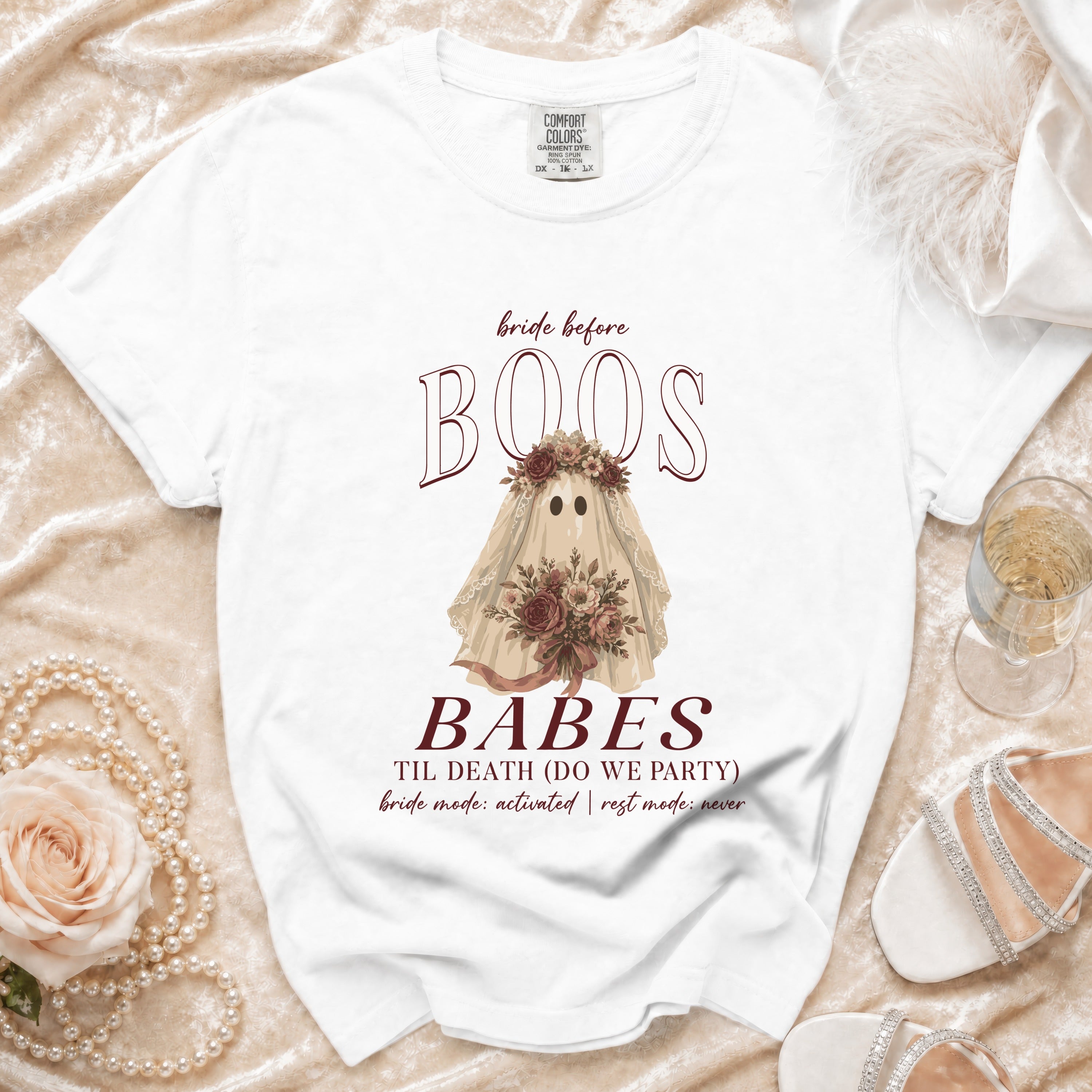 White t-shirt with "bride before BOOS BABES" and ghost graphic.