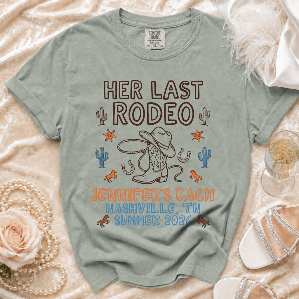 T-shirt with "Her Last Rodeo" design for Jennifer's Bachelorette, Nashville 2026.