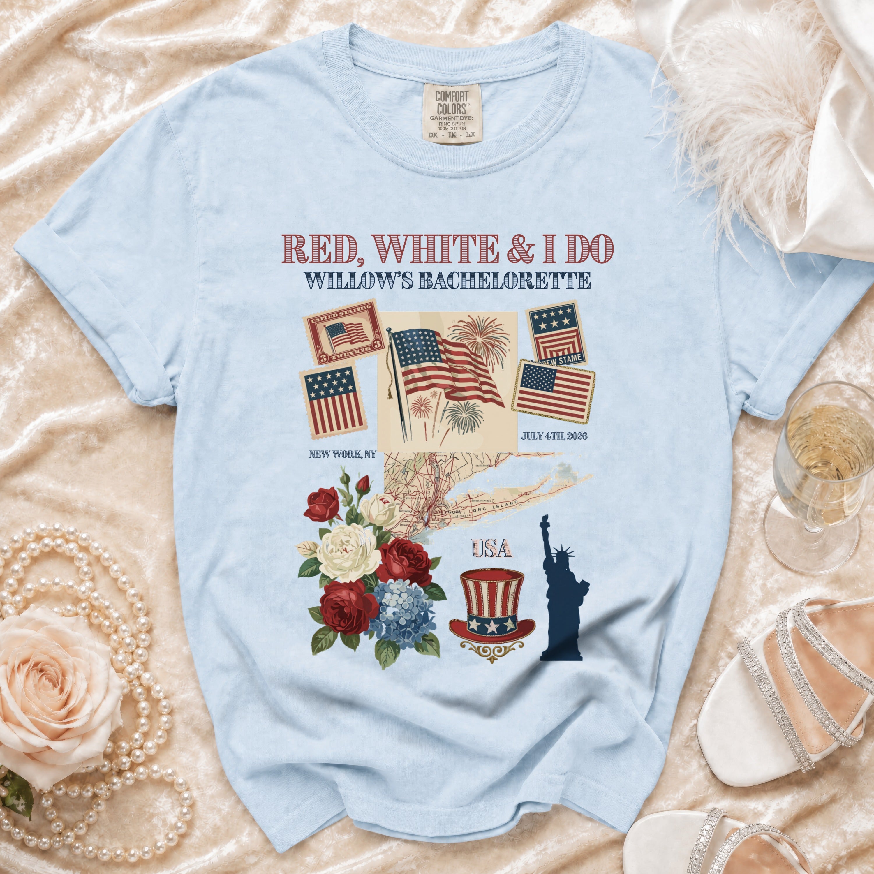 Light blue t-shirt with "Red, White & I Do Willow's Bachelorette" design.