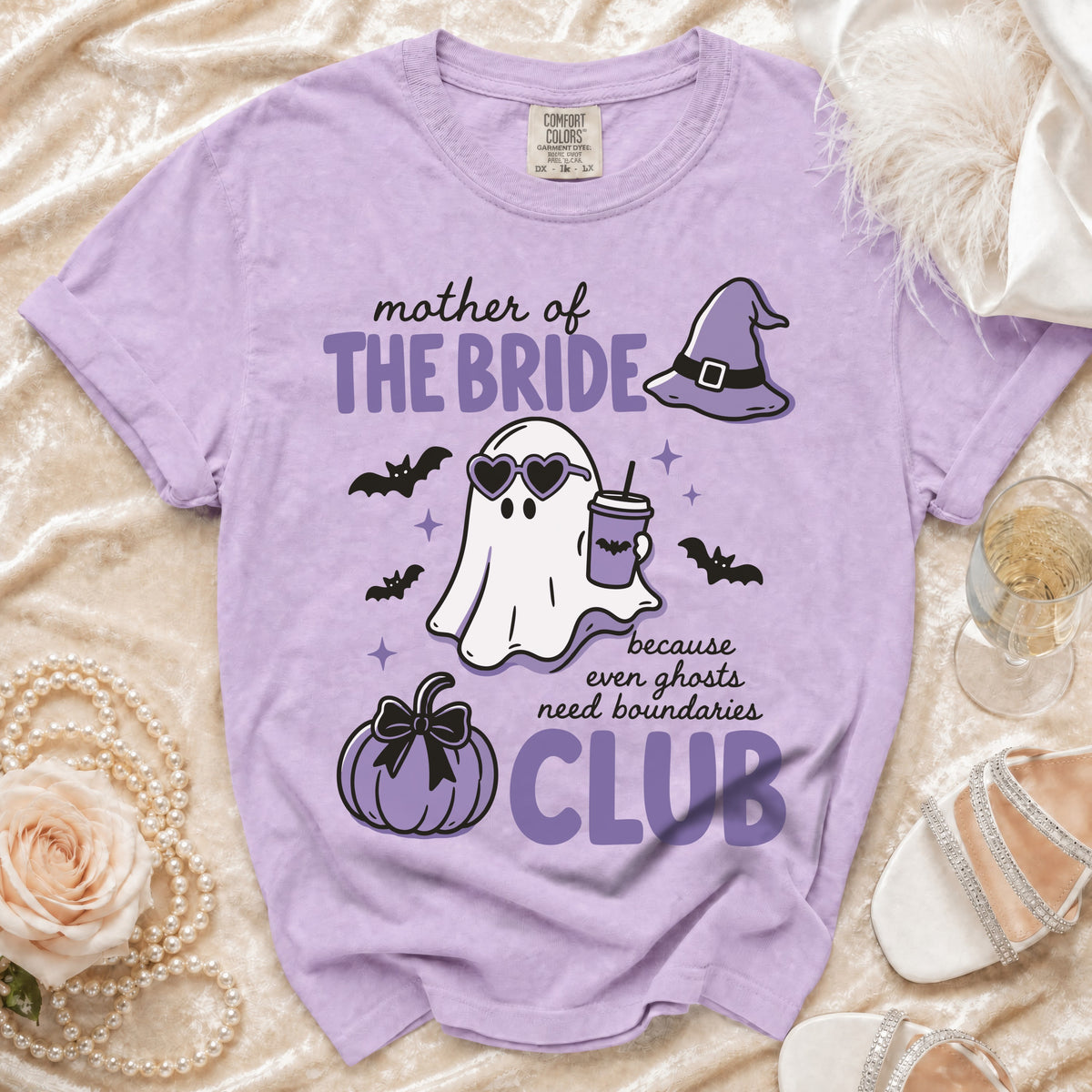 Purple t-shirt with "Mother of The Bride CLUB" and a ghost graphic.
