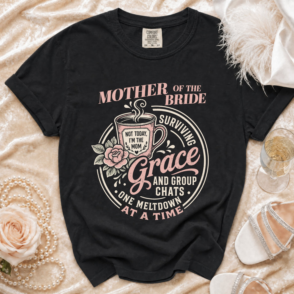 Black t-shirt with "Mother of the Bride" text and a coffee mug graphic.