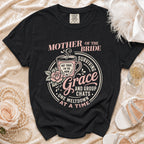Black t-shirt with "Mother of the Bride" text and a coffee mug graphic.