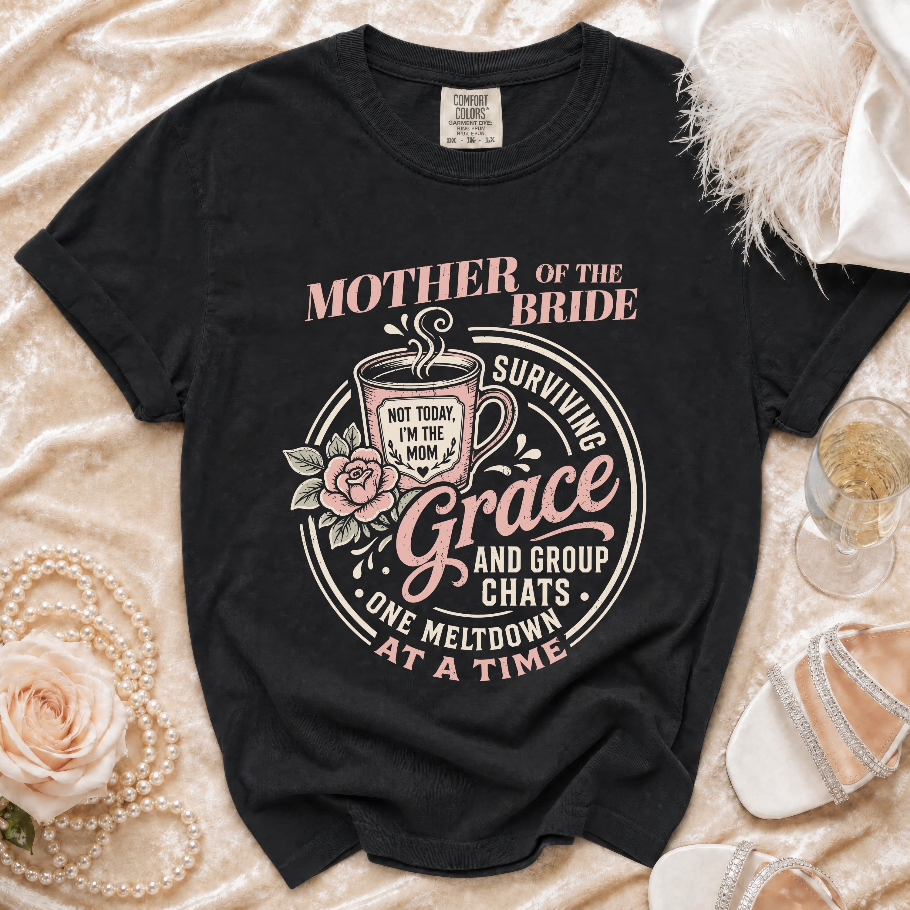Black t-shirt with "Mother of the Bride" text and a coffee mug graphic.