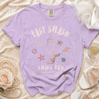 Lavender t-shirt with "Last Splash Sarah's Bach Malibu CA Summer 2026" text.
