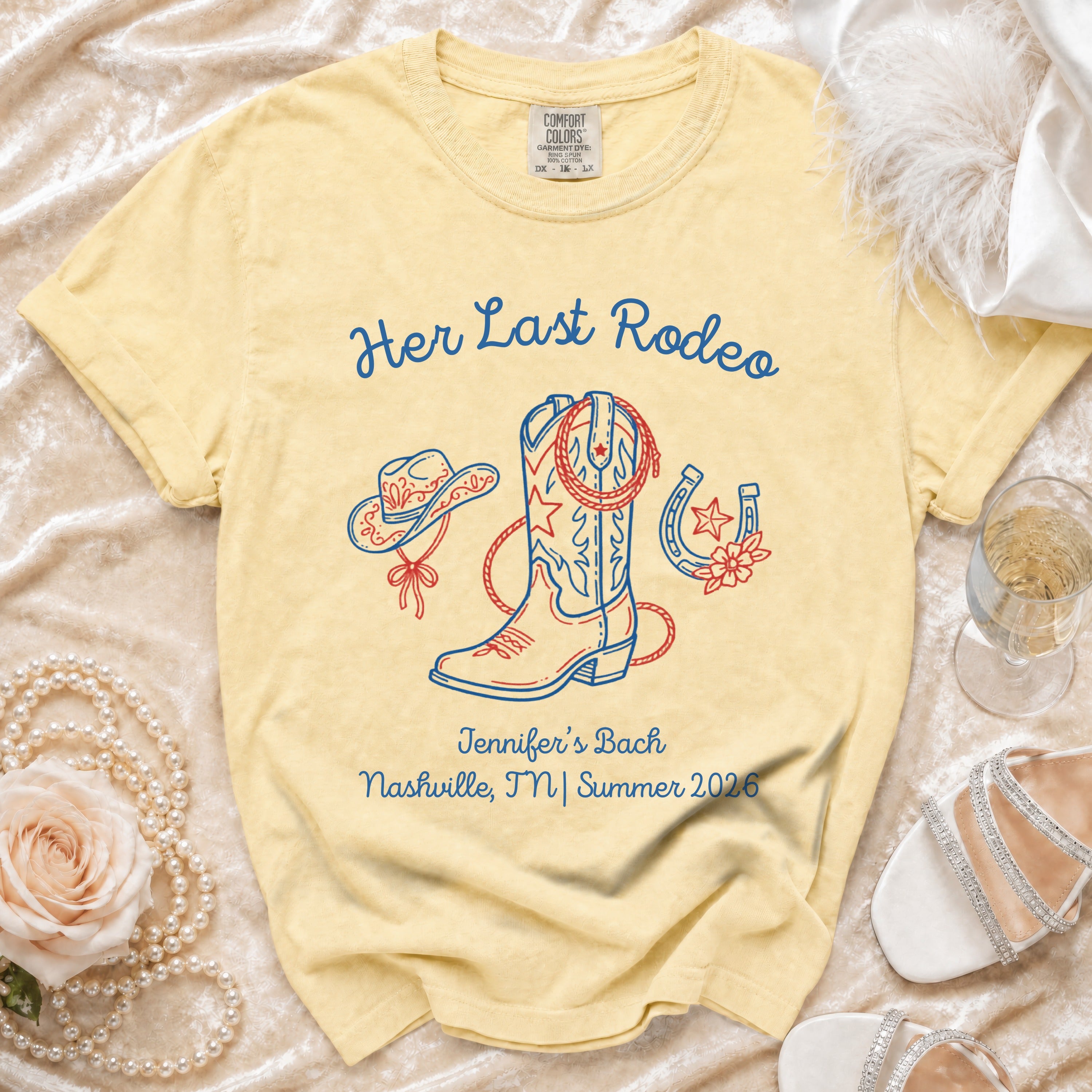 Yellow t-shirt with "Her Last Rodeo" and bridal party details for Jennifer's Bach.