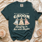 "Mother of the Groom" t-shirt with bells, saying "Ringing in his next chapter."