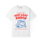 White t-shirt with "Jennifer's Bach HER LAST RODEO Nashville, TN, Summer 2026" and cowboy boot.