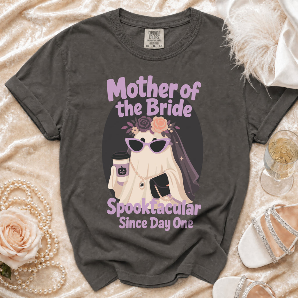 Gray t-shirt with "Mother of the Bride Spooktacular Since Day One" text and ghost graphic.