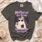 Gray t-shirt with "Mother of the Bride Spooktacular Since Day One" text and ghost graphic.