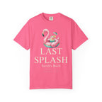 Pink t-shirt with flamingo float, "Last Splash" text, and event details.