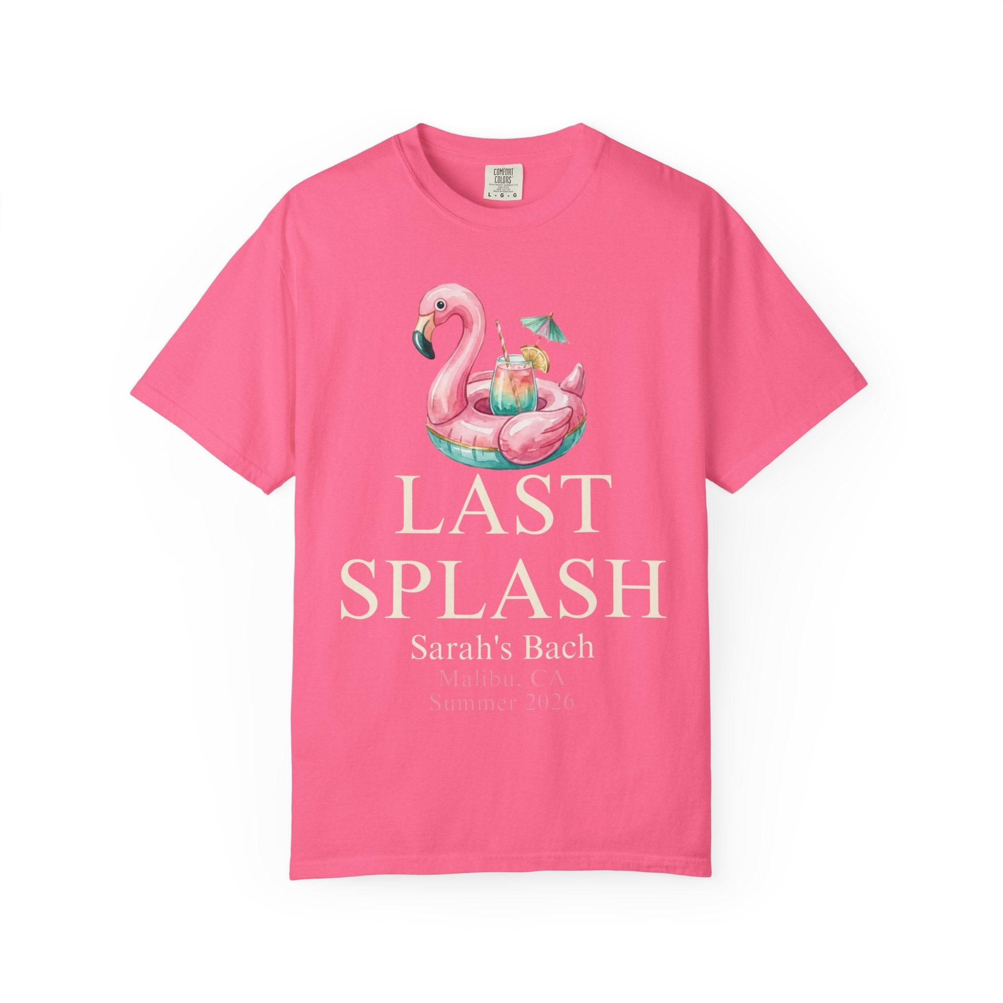 Pink t-shirt with flamingo float, "Last Splash" text, and event details.