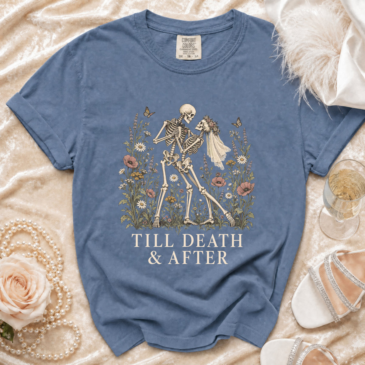 Skeleton couple dancing in flowers with text "Till Death & After"