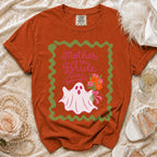 Orange t-shirt with a ghost holding flowers and "Mother of the Bride (to be) Boo-tiful" text.