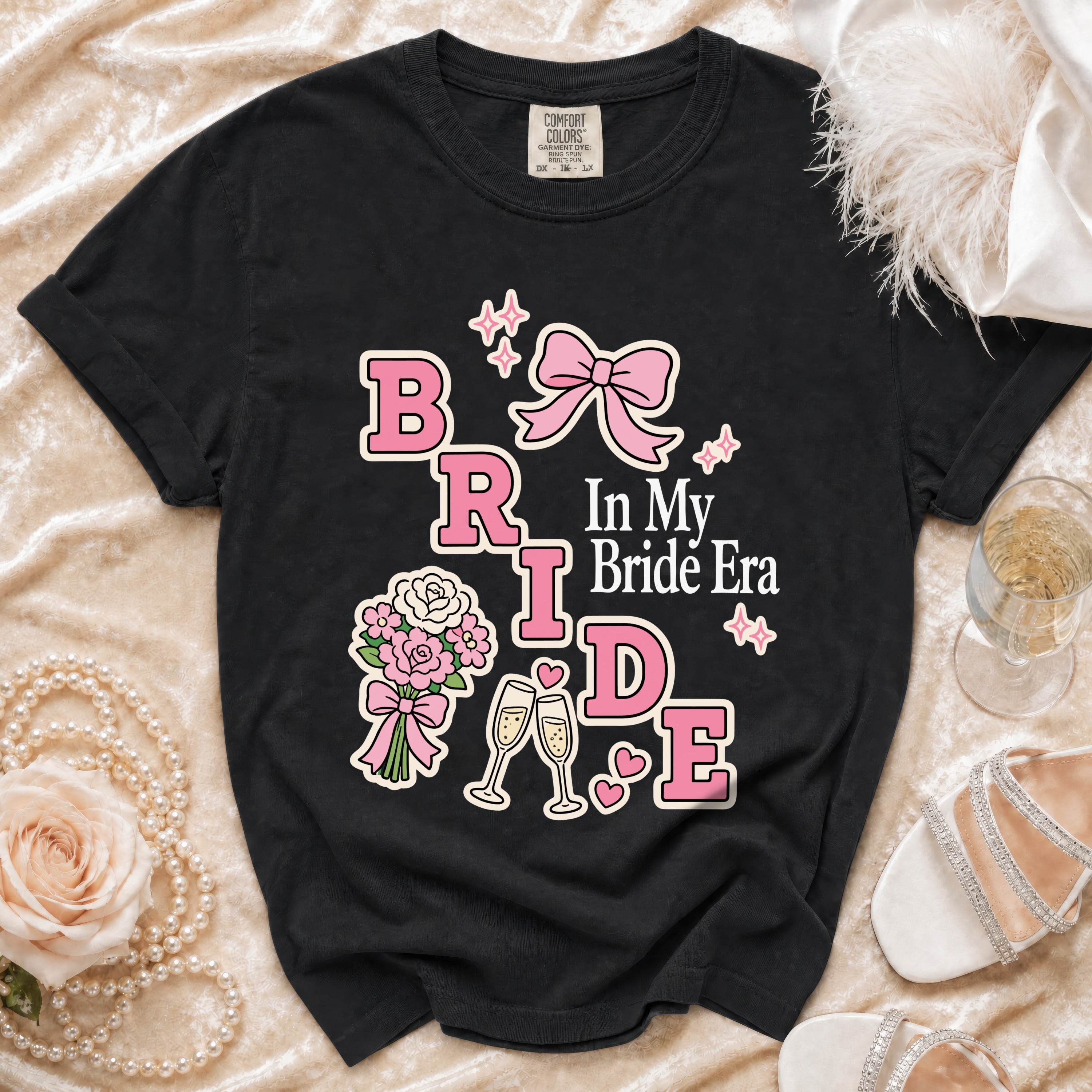 Black t-shirt with "BRIDE In My Bride Era" text and graphics.