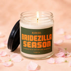 Lit candle in glass jar, with label "WARNING: BRIDEZILLA SEASON APPROACH WITH CAUTION AND CHAMPAGNE. VOWED".