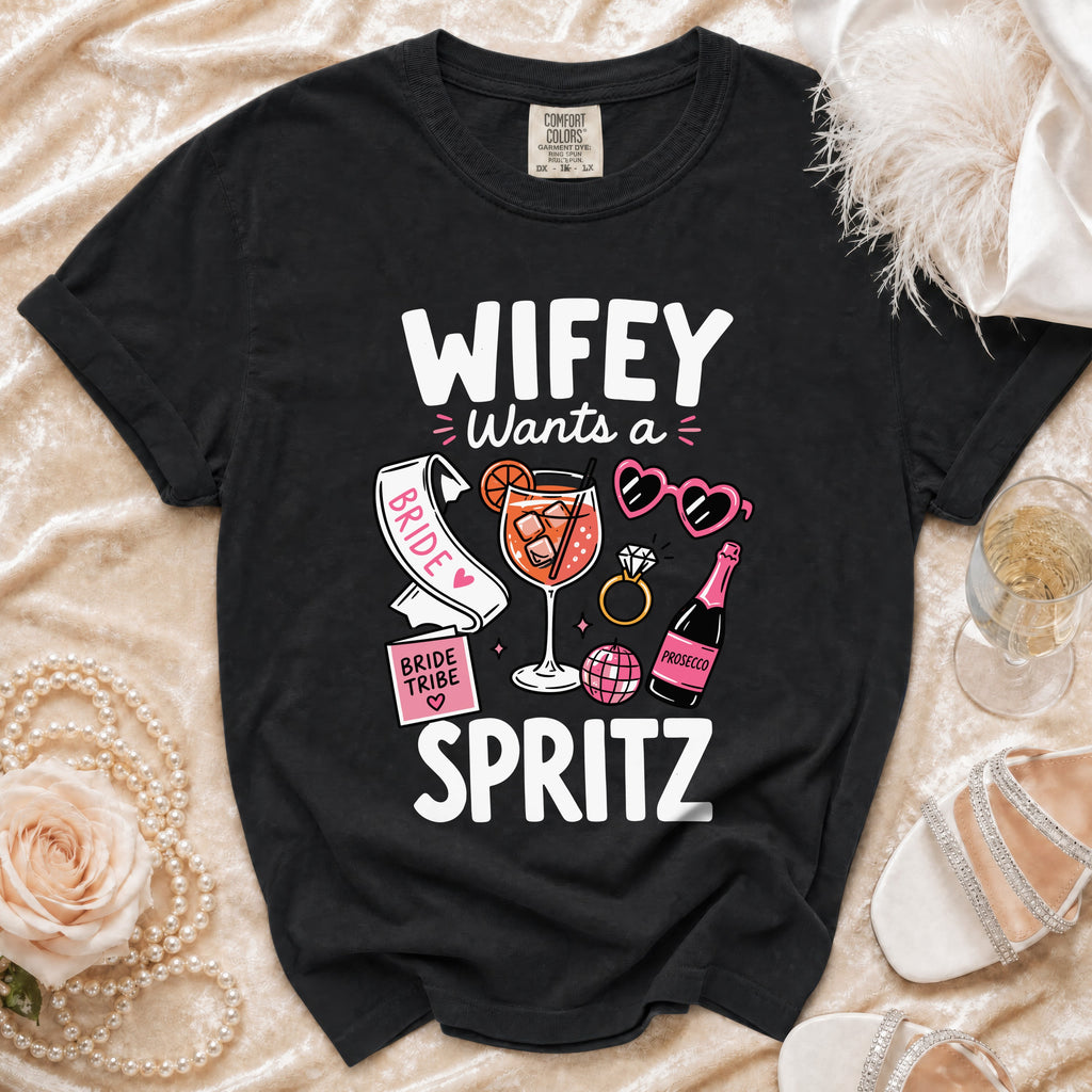 Black t-shirt with "Wifey Wants a Spritz" graphic including drink and accessories.