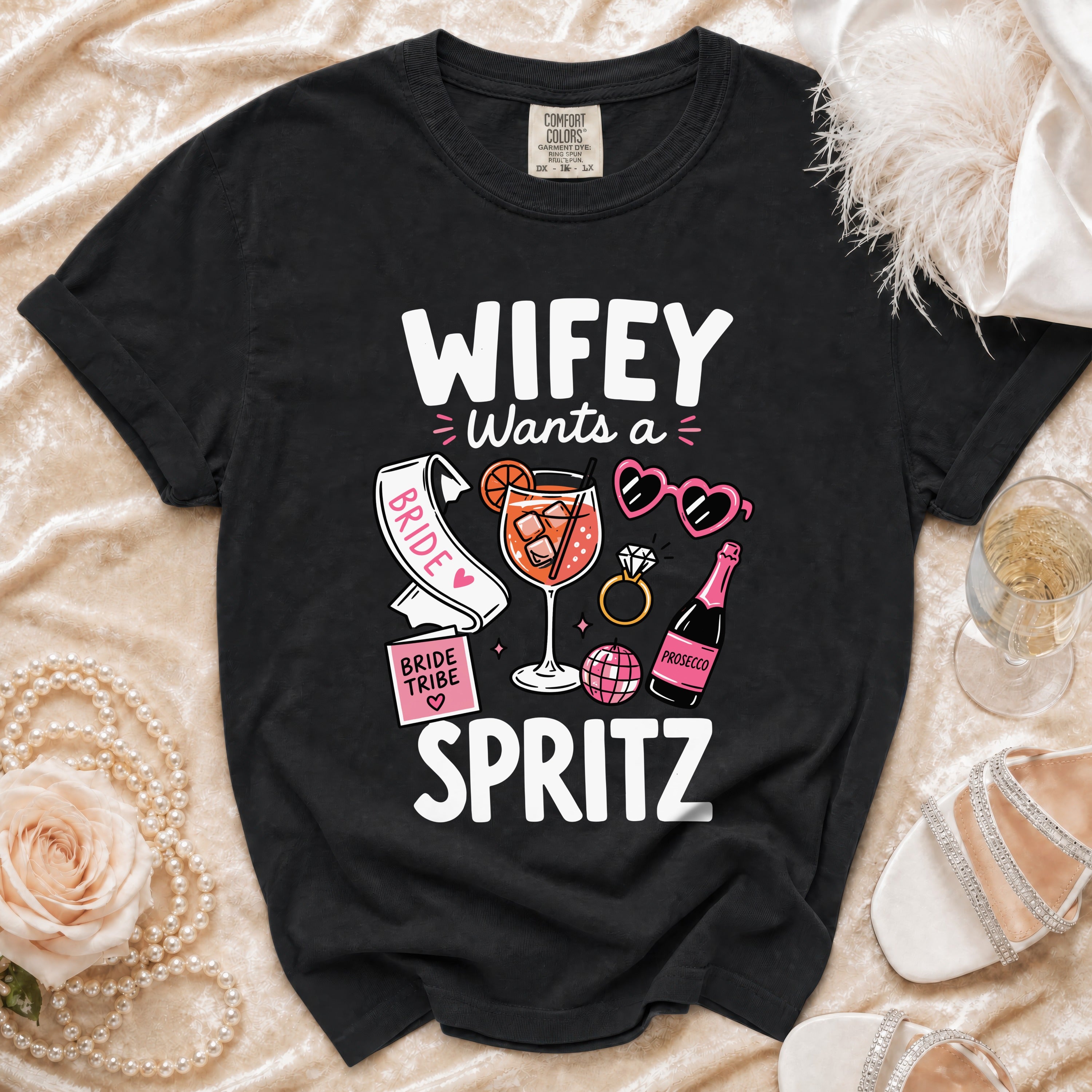 Black t-shirt with "Wifey Wants a Spritz" graphic including drink and accessories.